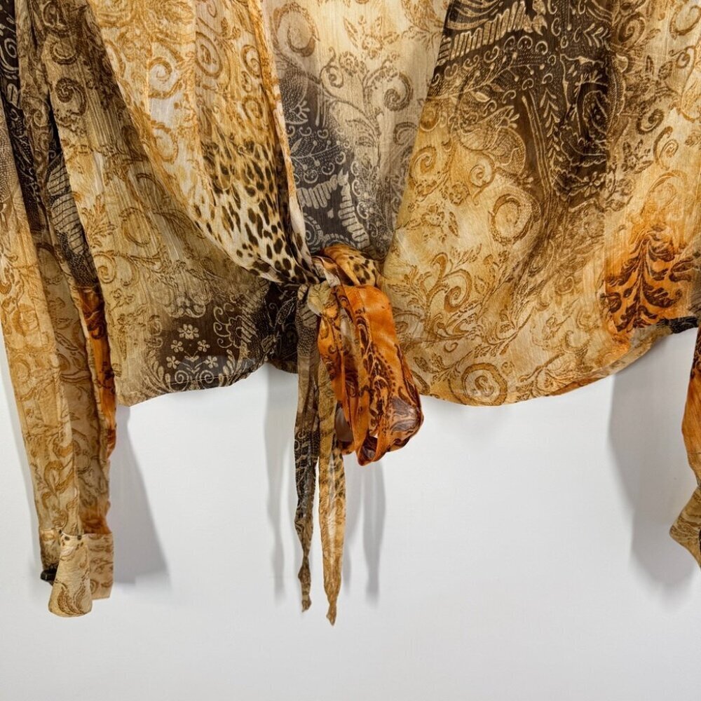 Carrou Collection Boho Tie Front Blouse Size 3 Brown Orange Sheer Resort Wear - Picture 5 of 14
